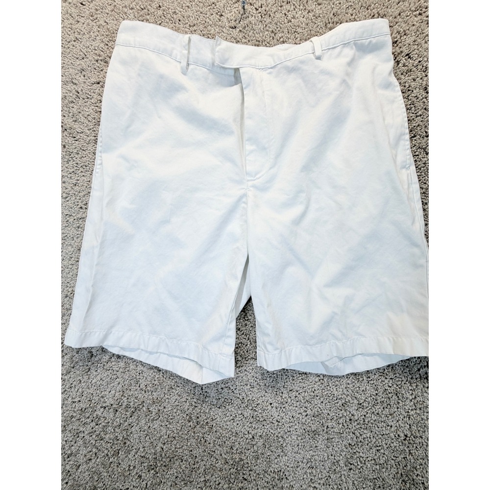 Greg Norman Mens White Golf Shorts Waist 36 Cotton Twill Flat Front Shark Logo